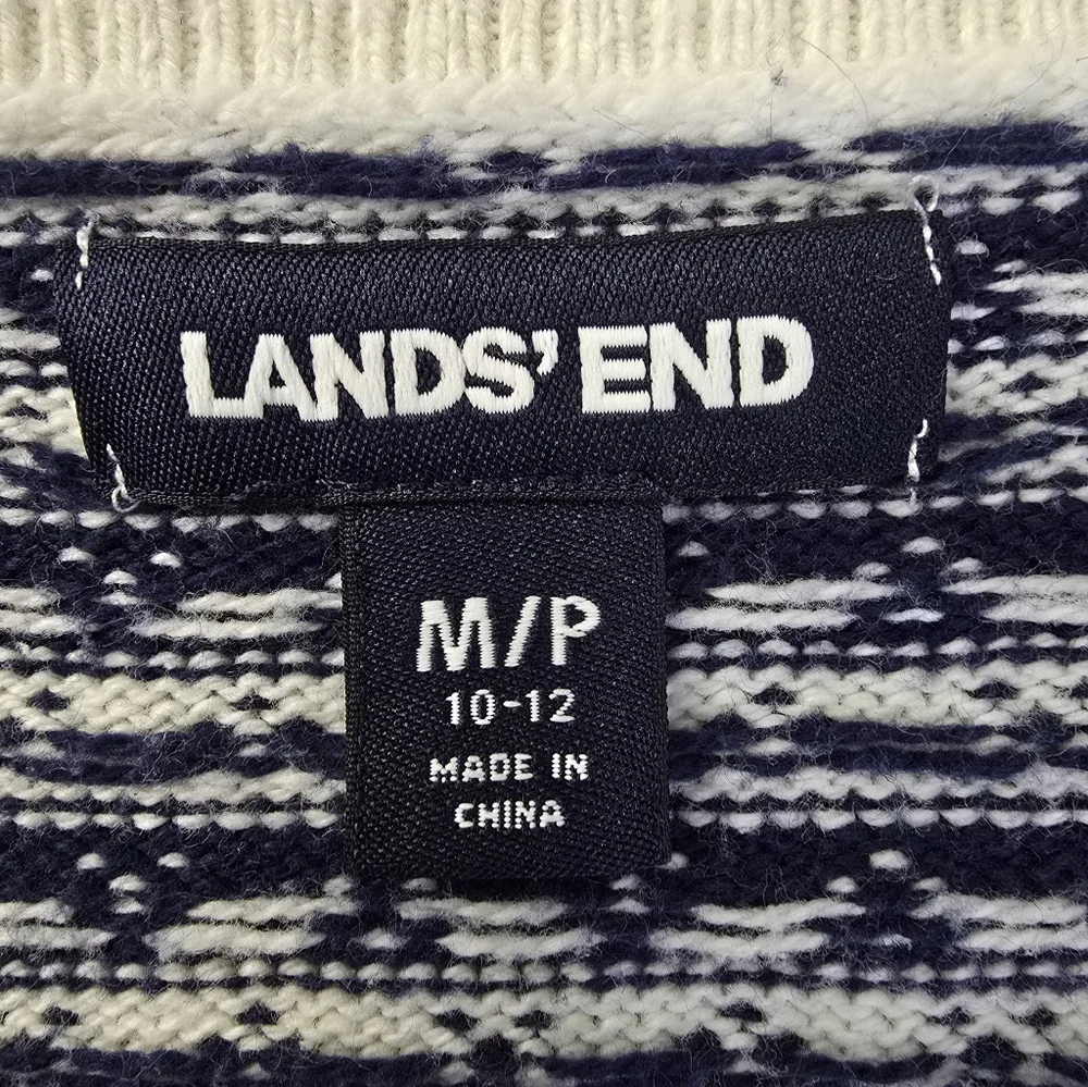 Lands' End Fair Isle Sweater Open Cardigan Navy Ivory Nordic Print Cabincore M - Picture 3 of 13